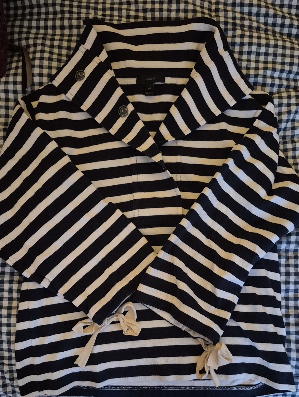 J. Crew Navy and White/Cream Striped Knit Pullover with Tie Sleeves